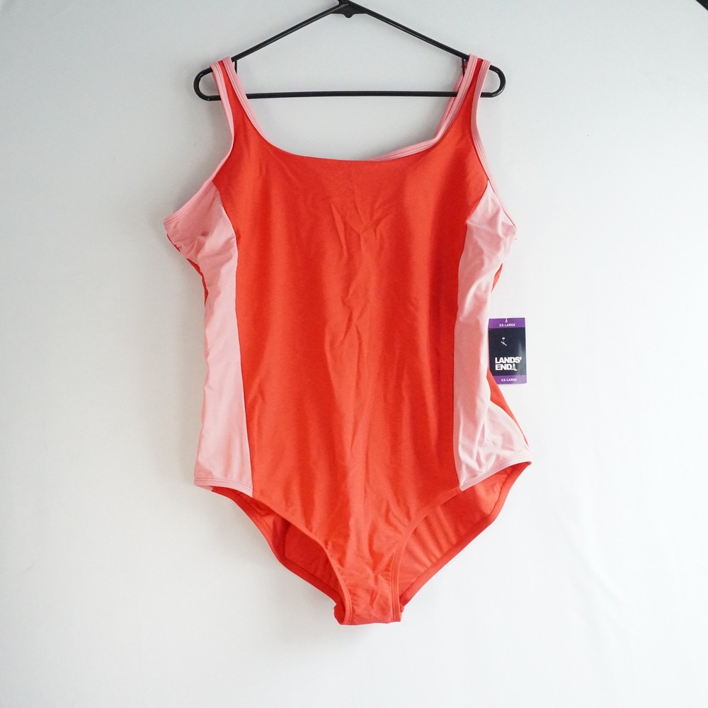 Lands End Womens One‎ Piece Swimsuit Colorblock Coral Pink XX Large NWT